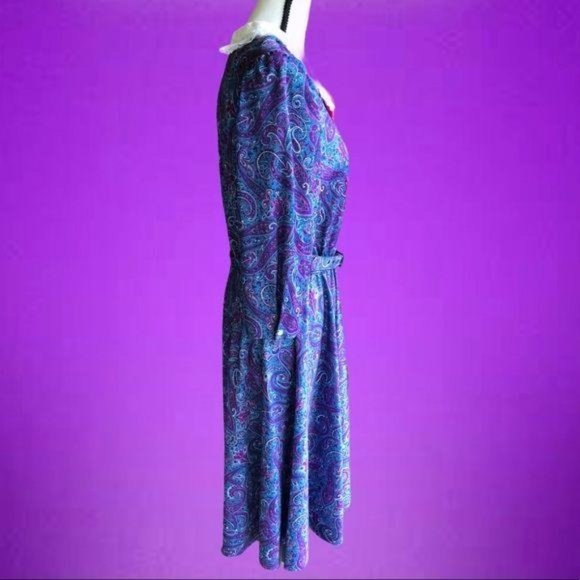 Vintage 80’s Paisley Lace Collar Dress Purple sz10 - Picture 2 of 16